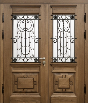 Металлическая парадная термодверь с ковкой, стеклом и массивом дерева